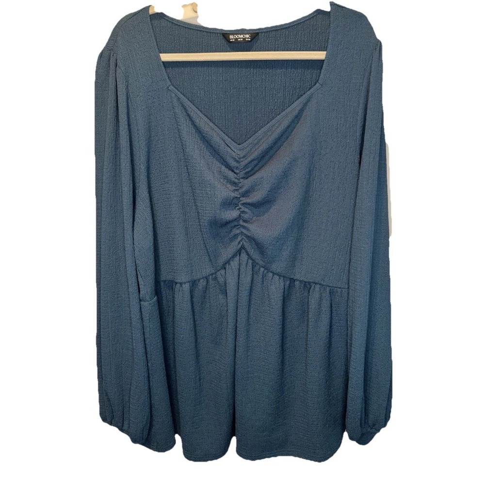 BloomChic Teal Shirred Sweetheart‎ Neck Long Sleeve Womens Knit Top 26 Stretch